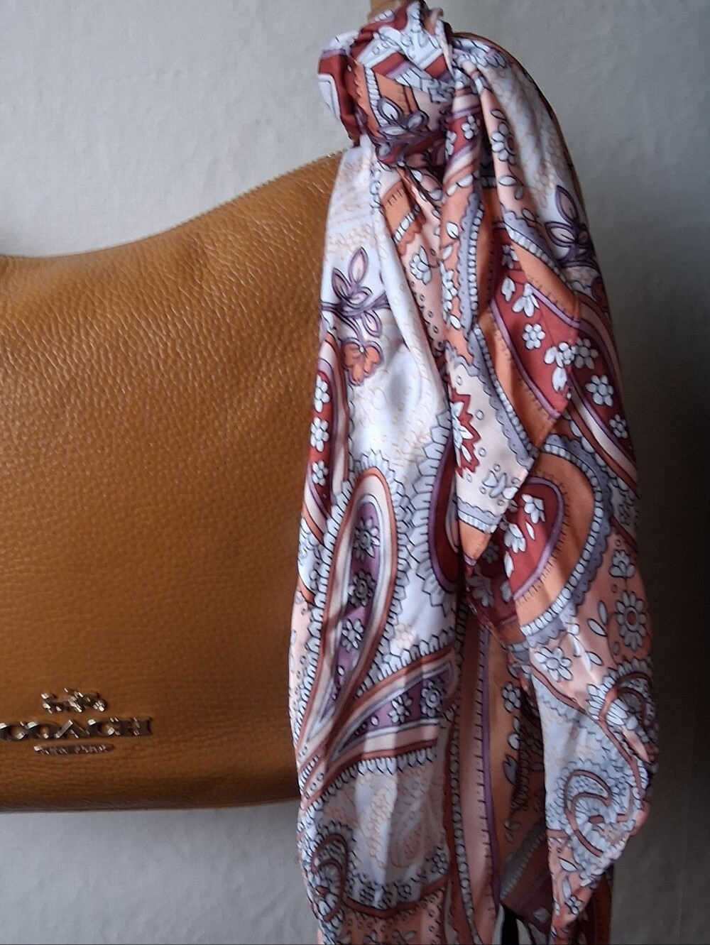 Silk-Feel Paisley Purse Bag Scarf in Peach and White